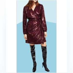 INC INTERNATIONAL CONCEPTS Women's Sequin Mini Wrap Dress/burgundy/size L/nwt